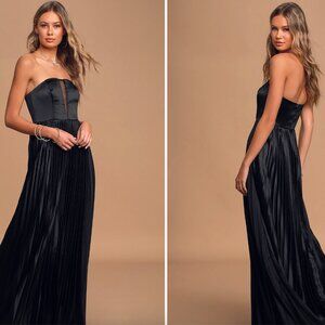 Lulus Always Be My Love Black Satin Strapless Pleated Maxi Dress